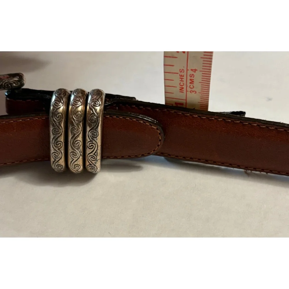 Brighton Brown Leather Belt Silver Engraved Scroll Buckle Triple Keeper Western
